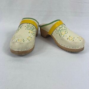 Vintage Swedish Hand Painted Leather and Wood Clogs Size 36